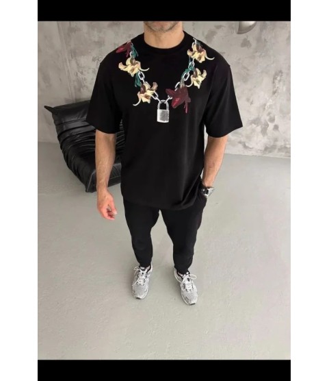 Erkek Baskılı T-Shirt Kısa Kol Bisiklet Yaka Regular Fit Rahat Kalıp Günlük Tişört - Siyah