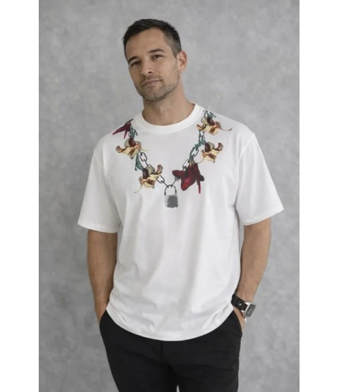 Erkek Baskılı T-Shirt Kısa Kol Bisiklet Yaka Regular Fit Rahat Kalıp Günlük Tişört - Beyaz