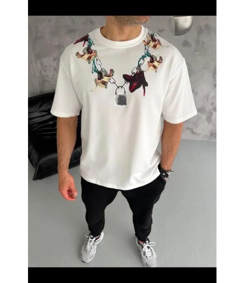 Erkek Baskılı T-Shirt Kısa Kol Bisiklet Yaka Regular Fit Rahat Kalıp Günlük Tişört - Beyaz