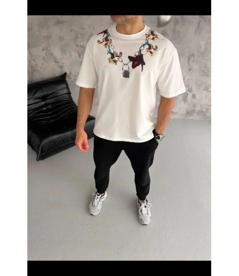 Erkek Baskılı T-Shirt Kısa Kol Bisiklet Yaka Regular Fit Rahat Kalıp Günlük Tişört - Beyaz