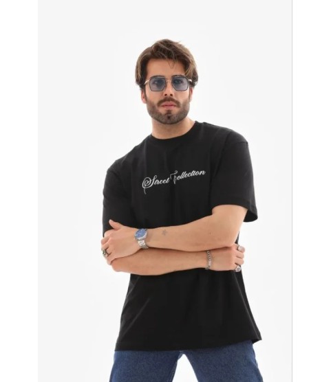 Erkek Baskılı T-Shirt Kısa Kol Bisiklet Yaka Regular Fit Rahat Kalıp Günlük Tişört - Siyah