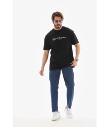 Erkek Baskılı T-Shirt Kısa Kol Bisiklet Yaka Regular Fit Rahat Kalıp Günlük Tişört - Siyah