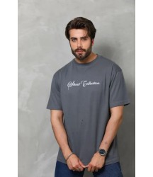 Erkek Baskılı T-Shirt Kısa Kol Bisiklet Yaka Regular Fit Rahat Kalıp Günlük Tişört - Füme