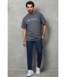 Erkek Baskılı T-Shirt Kısa Kol Bisiklet Yaka Regular Fit Rahat Kalıp Günlük Tişört - Füme