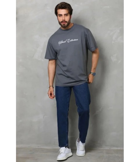 Erkek Baskılı T-Shirt Kısa Kol Bisiklet Yaka Regular Fit Rahat Kalıp Günlük Tişört - Füme