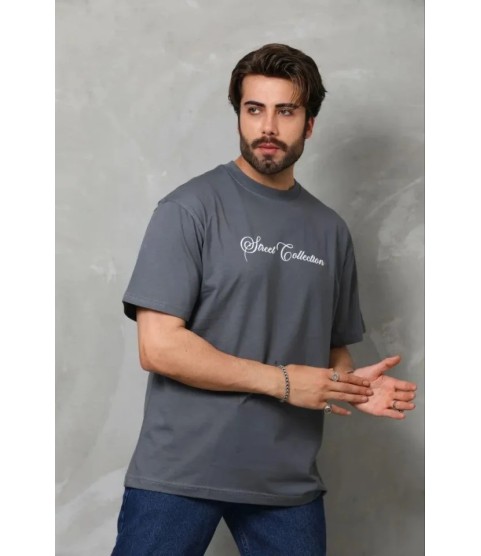 Erkek Baskılı T-Shirt Kısa Kol Bisiklet Yaka Regular Fit Rahat Kalıp Günlük Tişört - Füme