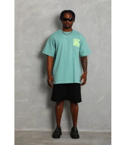 Erkek Baskılı T-Shirt Kısa Kol Bisiklet Yaka Regular Fit Rahat Kalıp Günlük Tişört - Mint Yeşili
