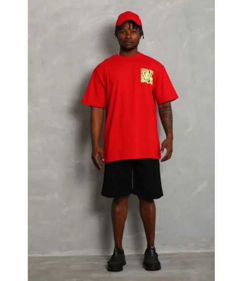 Erkek Baskılı T-Shirt Kısa Kol Bisiklet Yaka Regular Fit Rahat Kalıp Günlük Tişört - Kırmızı