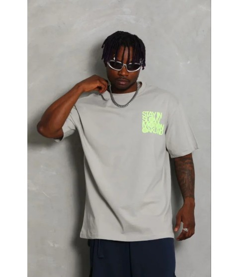 Erkek Baskılı T-Shirt Kısa Kol Bisiklet Yaka Regular Fit Rahat Kalıp Günlük Tişört - Gri