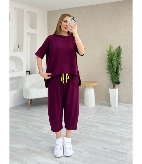 Kadın Kısa Kollu Bisiklet Yaka Viskon Iki Iplik Bluz Ve Pantolon Ikili Takım