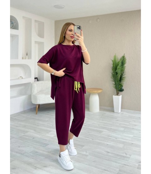 Kadın Kısa Kollu Bisiklet Yaka Viskon Iki Iplik Bluz Ve Pantolon Ikili Takım