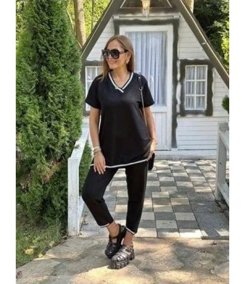 Kadın Kısa Kollu V Yakalı Iki Iplik Bluz Ve Pantolon Ikili Takım Kadın Kısa Kollu V Yakalı Iki Iplik Bluz Ve Pantolon Ikili Takım