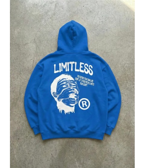 Erkek Premium Baskılı Kapşonlu Sweatshirt Üç İplik İçi Pamuklu Kanguru Cepli - Saks Mavisi