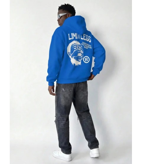 Erkek Premium Baskılı Kapşonlu Sweatshirt Üç İplik İçi Pamuklu Kanguru Cepli - Saks Mavisi