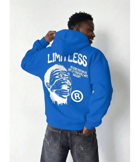 Erkek Premium Baskılı Kapşonlu Sweatshirt Üç İplik İçi Pamuklu Kanguru Cepli - Saks Mavisi