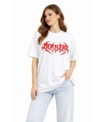 Baskılı T-Shirt Yazlık Kısa Kol Bisiklet Yaka Rahat Kalıp Tişört - Beyaz