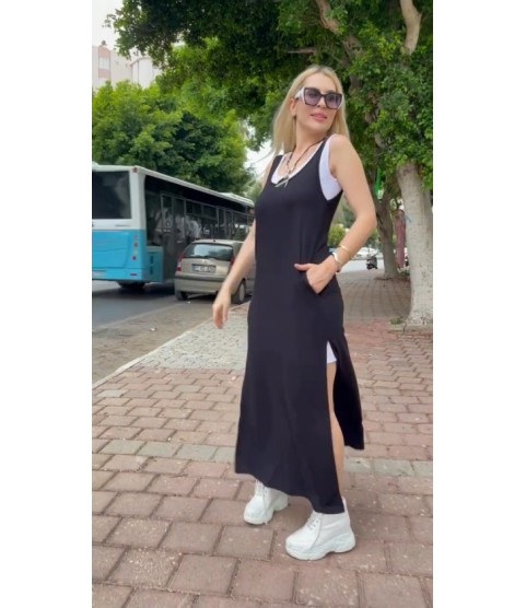 Kadın Askılı Yuvarlak Yakalı Cepli Yırtmaç Detaylı Viskon Elbise Ve Atlet Ikili Takım