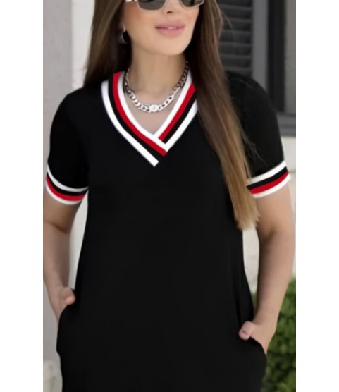 Kadın Kısa Kollu V Yaka Ribana Detay Midiboy Viskon Elbise Kadın Kısa Kollu V Yaka Ribana Detay Midiboy Viskon Elbise