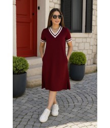 Kadın Kısa Kollu V Yaka Ve Yaka Ribana Detay Midiboy Viskon Elbise