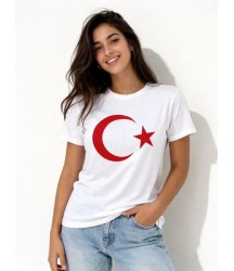 T-Shirt Kısa Kol Bisiklet Yaka Ay Yıldız Bayrak Baskılı Tişört - Beyaz