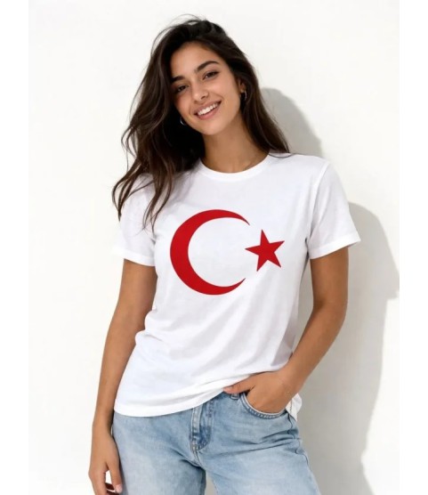 T-Shirt Kısa Kol Bisiklet Yaka Ay Yıldız Bayrak Baskılı Tişört - Beyaz