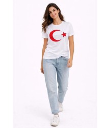 T-Shirt Kısa Kol Bisiklet Yaka Ay Yıldız Bayrak Baskılı Tişört - Beyaz