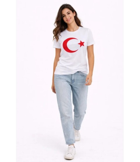 T-Shirt Kısa Kol Bisiklet Yaka Ay Yıldız Bayrak Baskılı Tişört - Beyaz