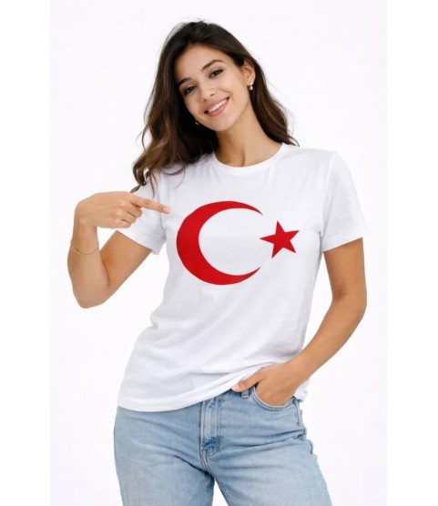 T-Shirt Kısa Kol Bisiklet Yaka Ay Yıldız Bayrak Baskılı Tişört - Beyaz