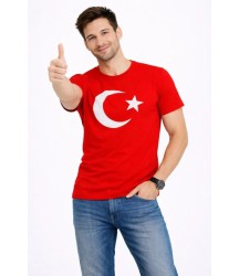 Erkek T-Shirt Kısa Kol Bisiklet Yaka Ay Yıldız Bayrak Baskılı Tişört - Kırmızı