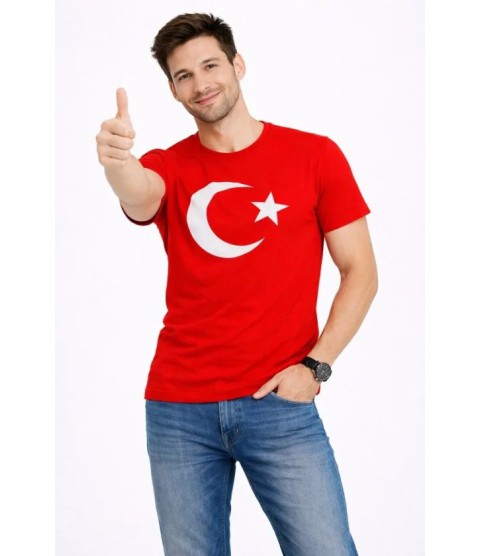 Erkek T-Shirt Kısa Kol Bisiklet Yaka Ay Yıldız Bayrak Baskılı Tişört - Kırmızı