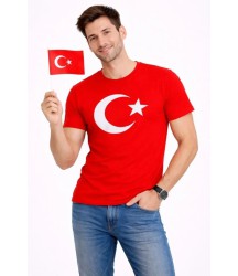 Erkek T-Shirt Kısa Kol Bisiklet Yaka Ay Yıldız Bayrak Baskılı Tişört - Kırmızı