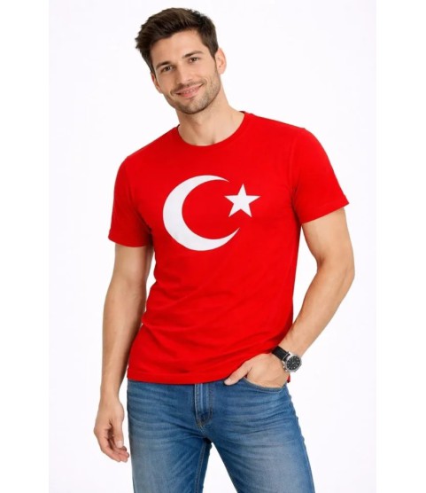 Erkek T-Shirt Kısa Kol Bisiklet Yaka Ay Yıldız Bayrak Baskılı Tişört - Kırmızı