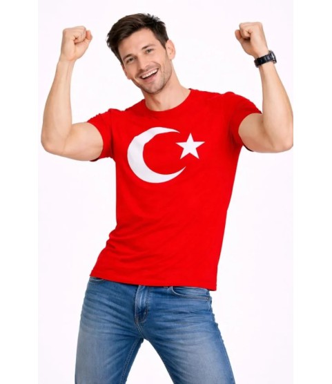 Erkek T-Shirt Kısa Kol Bisiklet Yaka Ay Yıldız Bayrak Baskılı Tişört - Kırmızı