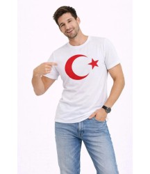 Erkek T-Shirt Kısa Kol Bisiklet Yaka Ay Yıldız Bayrak Baskılı Tişört - Beyaz