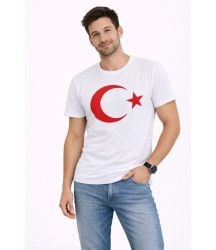 Erkek T-Shirt Kısa Kol Bisiklet Yaka Ay Yıldız Bayrak Baskılı Tişört - Beyaz