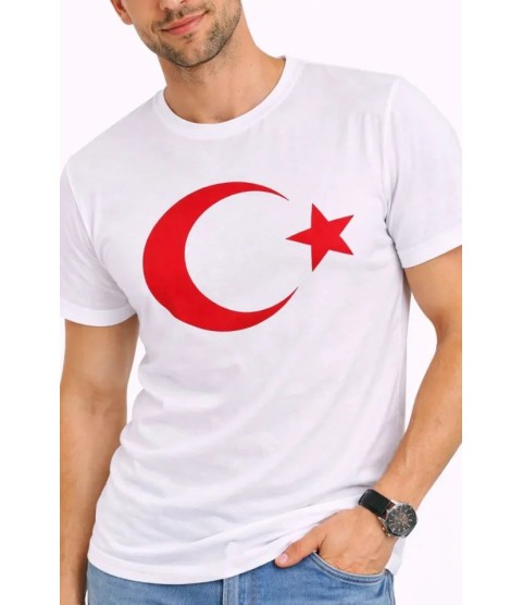 Erkek T-Shirt Kısa Kol Bisiklet Yaka Ay Yıldız Bayrak Baskılı Tişört - Beyaz