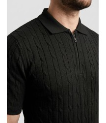 Erkek Yazlık Triko Saç Örgü Tişört Kısa Kol Polo Yaka Fermuarlı T-Shirt - Siyah