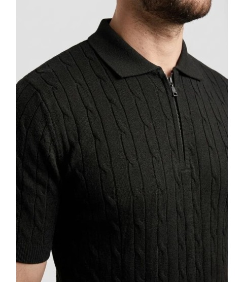 Erkek Yazlık Triko Saç Örgü Tişört Kısa Kol Polo Yaka Fermuarlı T-Shirt - Siyah