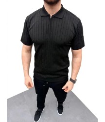 Erkek Yazlık Triko Saç Örgü Tişört Kısa Kol Polo Yaka Fermuarlı T-Shirt - Siyah