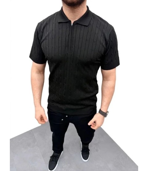 Erkek Yazlık Triko Saç Örgü Tişört Kısa Kol Polo Yaka Fermuarlı T-Shirt - Siyah