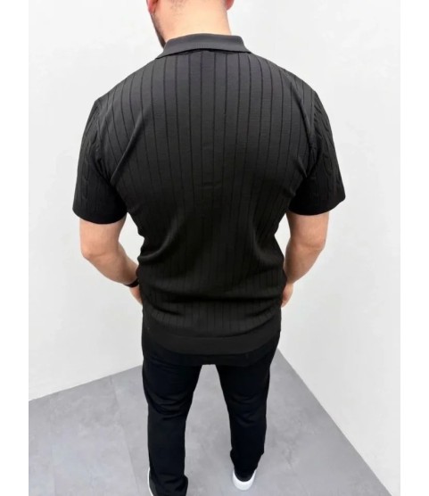 Erkek Yazlık Triko Saç Örgü Tişört Kısa Kol Polo Yaka Fermuarlı T-Shirt - Siyah
