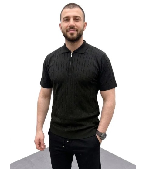 Erkek Yazlık Triko Saç Örgü Tişört Kısa Kol Polo Yaka Fermuarlı T-Shirt - Siyah