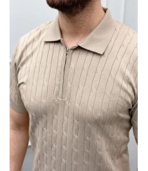 Erkek Yazlık Triko Saç Örgü Tişört Kısa Kol Polo Yaka Fermuarlı T-Shirt - Bej