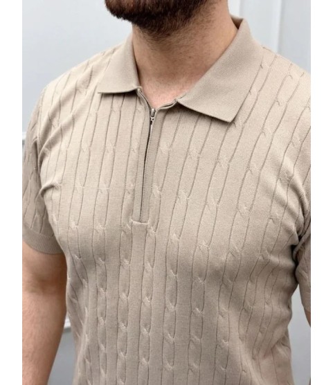 Erkek Yazlık Triko Saç Örgü Tişört Kısa Kol Polo Yaka Fermuarlı T-Shirt - Bej