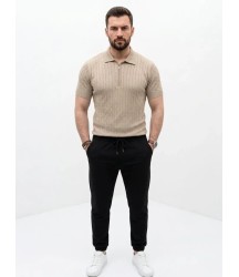 Erkek Yazlık Triko Saç Örgü Tişört Kısa Kol Polo Yaka Fermuarlı T-Shirt - Bej