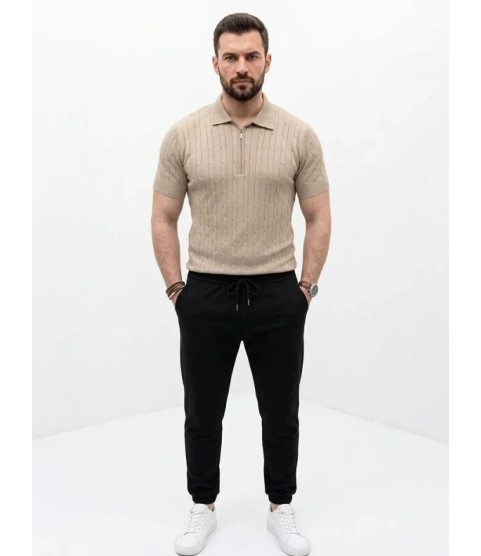 Erkek Yazlık Triko Saç Örgü Tişört Kısa Kol Polo Yaka Fermuarlı T-Shirt - Bej