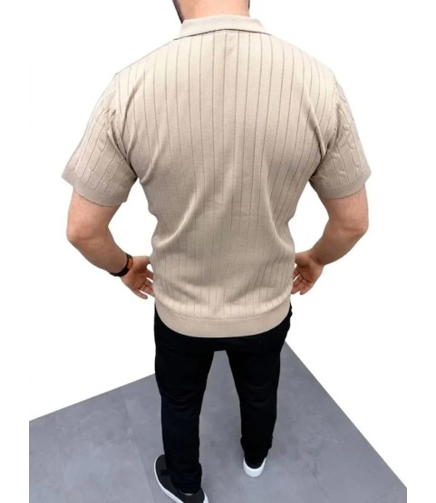 Erkek Yazlık Triko Saç Örgü Tişört Kısa Kol Polo Yaka Fermuarlı T-Shirt - Bej