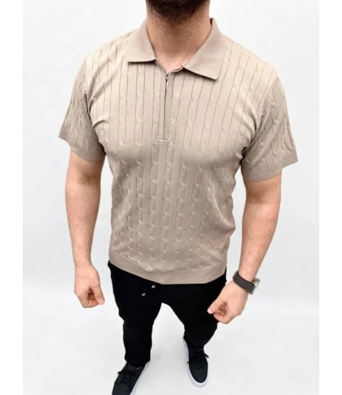 Erkek Yazlık Triko Saç Örgü Tişört Kısa Kol Polo Yaka Fermuarlı T-Shirt - Bej