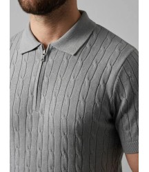 Erkek Yazlık Triko Saç Örgü Tişört Kısa Kol Polo Yaka Fermuarlı T-Shirt - Gri
