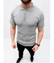 Erkek Yazlık Triko Saç Örgü Tişört Kısa Kol Polo Yaka Fermuarlı T-Shirt - Gri